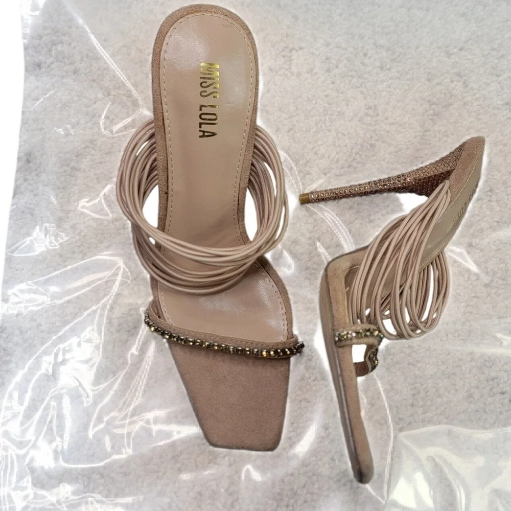 Miss Lola Ophelia‎ Beige Faux Suede Rhinestone Embellished Strappy Heels Size 8